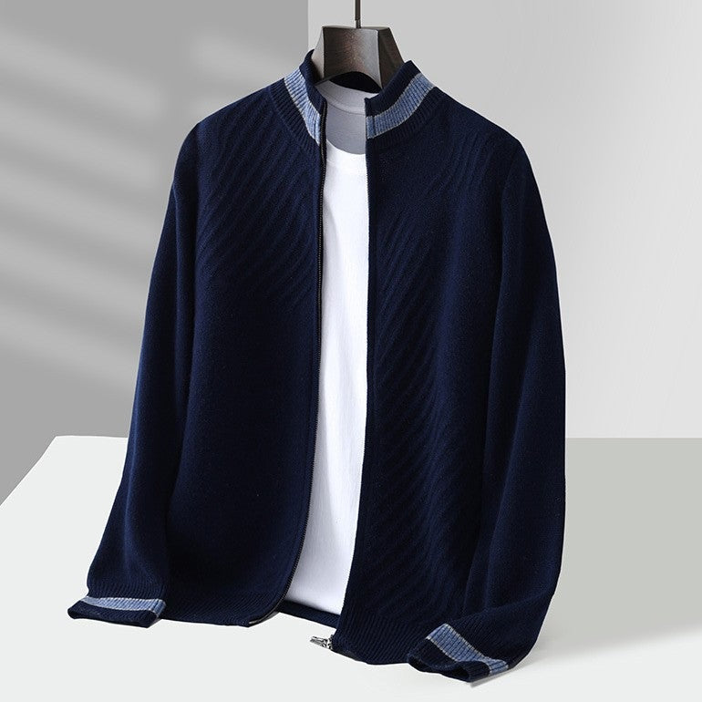 Men's knitted zip cardigan with diagonal ribs and a stripe on the collar and cuffs - navy