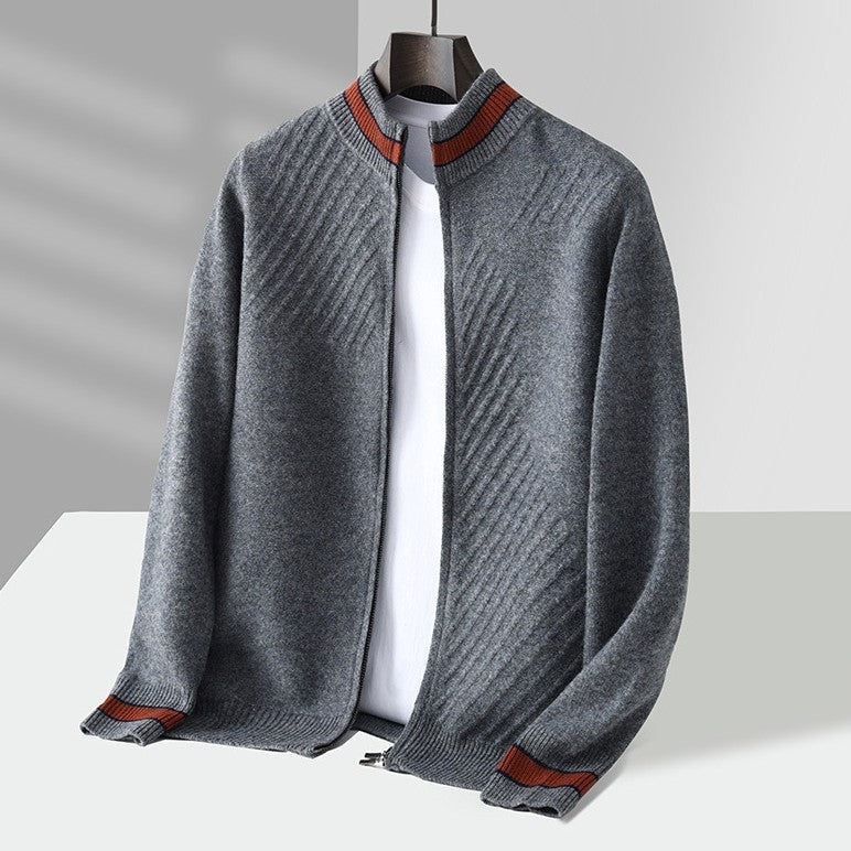 Men's knitted zip cardigan with diagonal ribs and a stripe on the collar and cuffs - grey