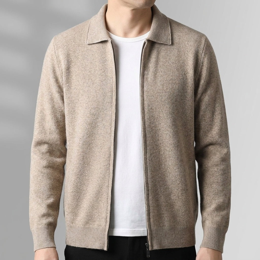 Men's fine knit zip cardigan with a flat polo collar and side pockets - view 2