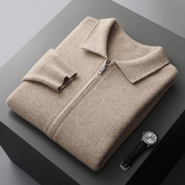 Men's fine knit zip cardigan with a flat polo collar and side pockets - beige