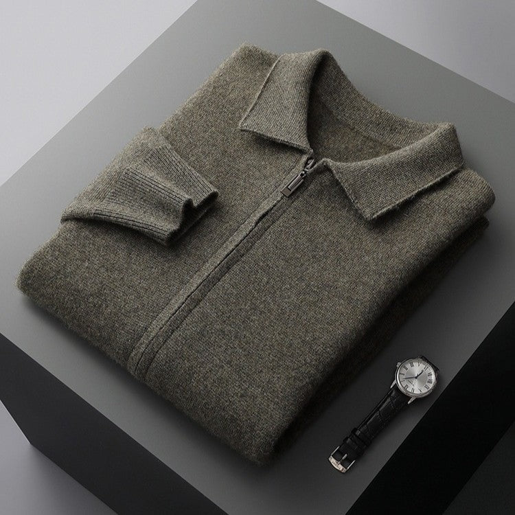 Men's fine knit zip cardigan with a flat polo collar and side pockets - grey green