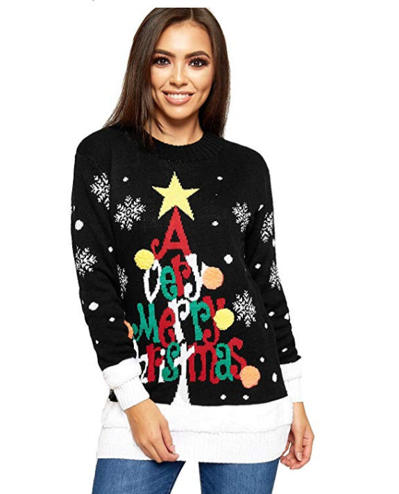 Women's knitted Christmas jumper with a Merry Christmas tree, star and pompoms