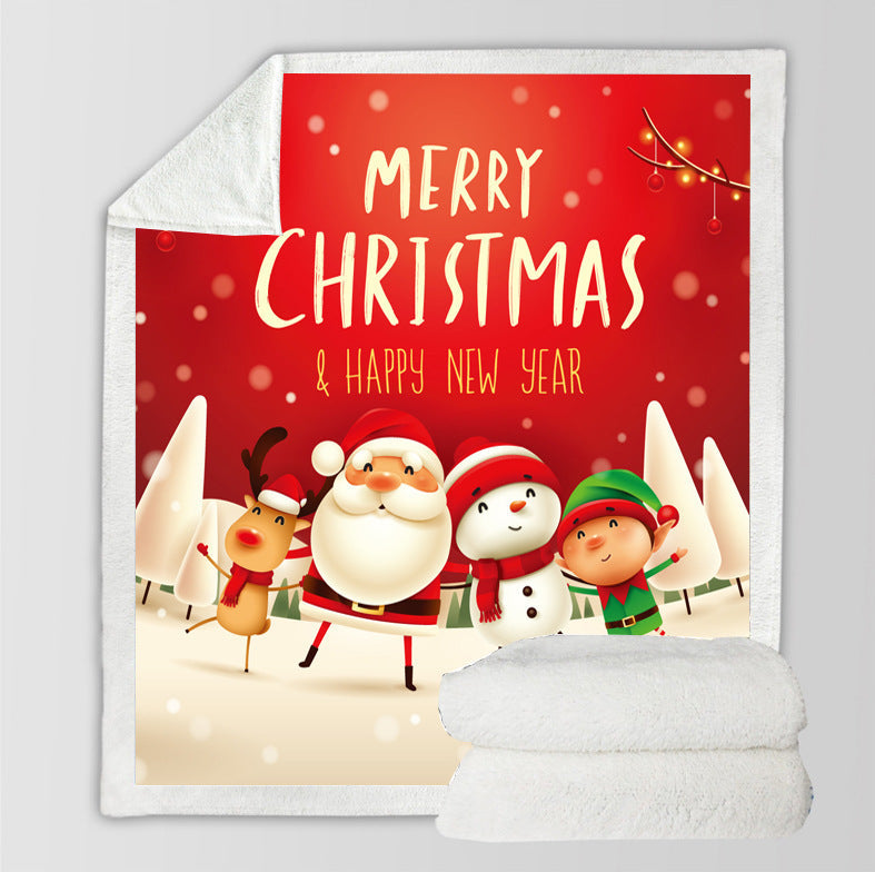 Christmas throw with a printed festive scene and a white teddy lining - red merry christmas