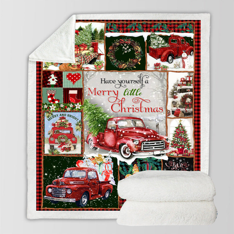 Christmas throw with a printed festive scene and a white teddy lining - red truck collage