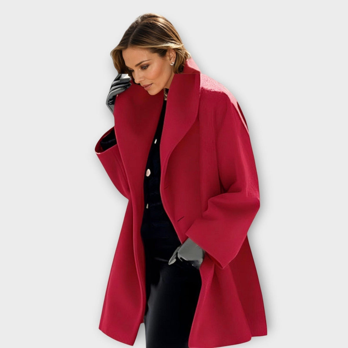 Women's mid-length wool-look coat with a shawl collar and wide sleeves - red