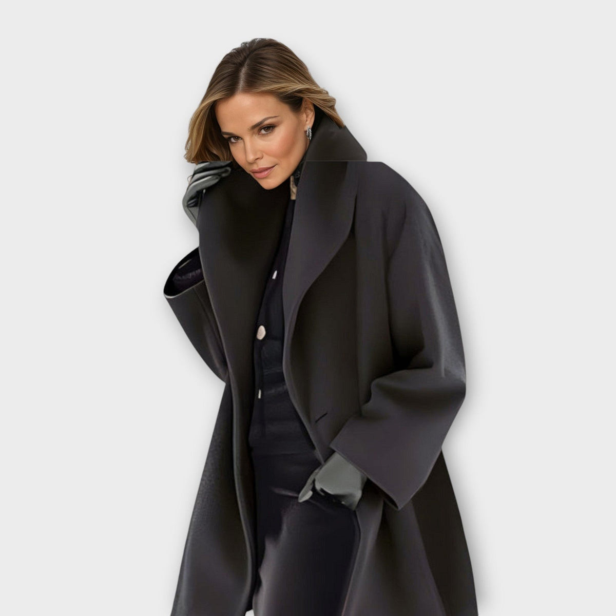 Women's mid-length wool-look coat with a shawl collar and wide sleeves - black