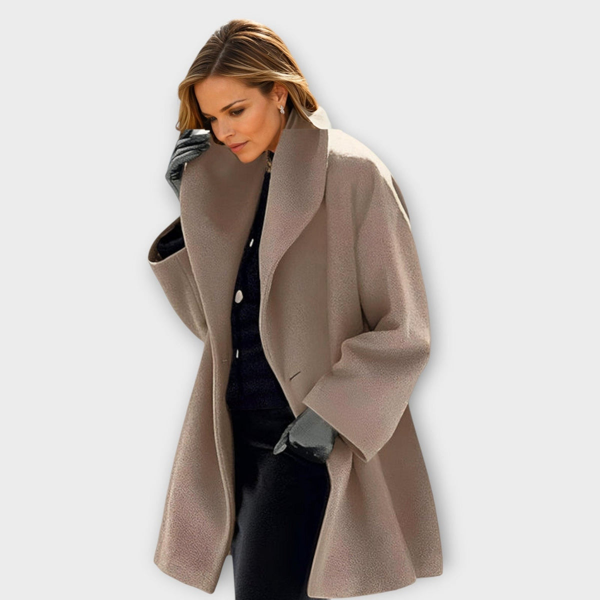 Women's mid-length wool-look coat with a shawl collar and wide sleeves - taupe
