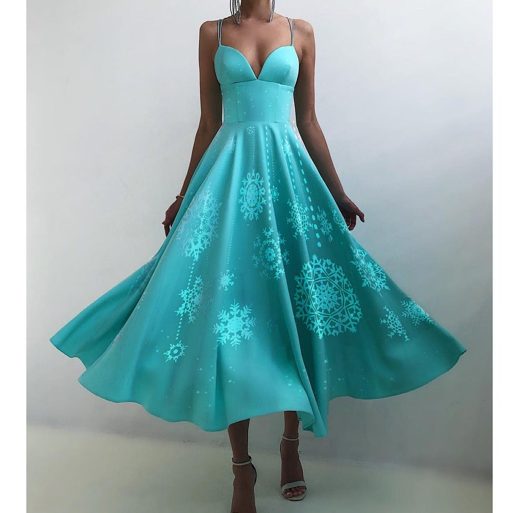 Women's midi Christmas dress with spaghetti straps, sweetheart neckline and full skirt - turquoise snowflake