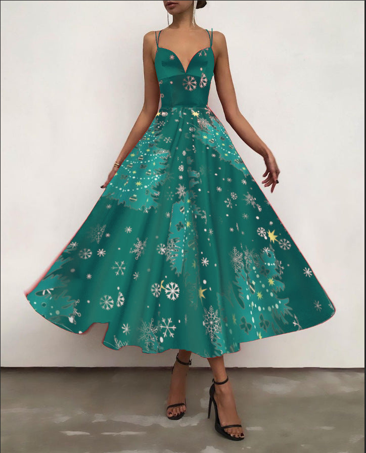 Women's midi Christmas dress with spaghetti straps, sweetheart neckline and full skirt - green tree and star print