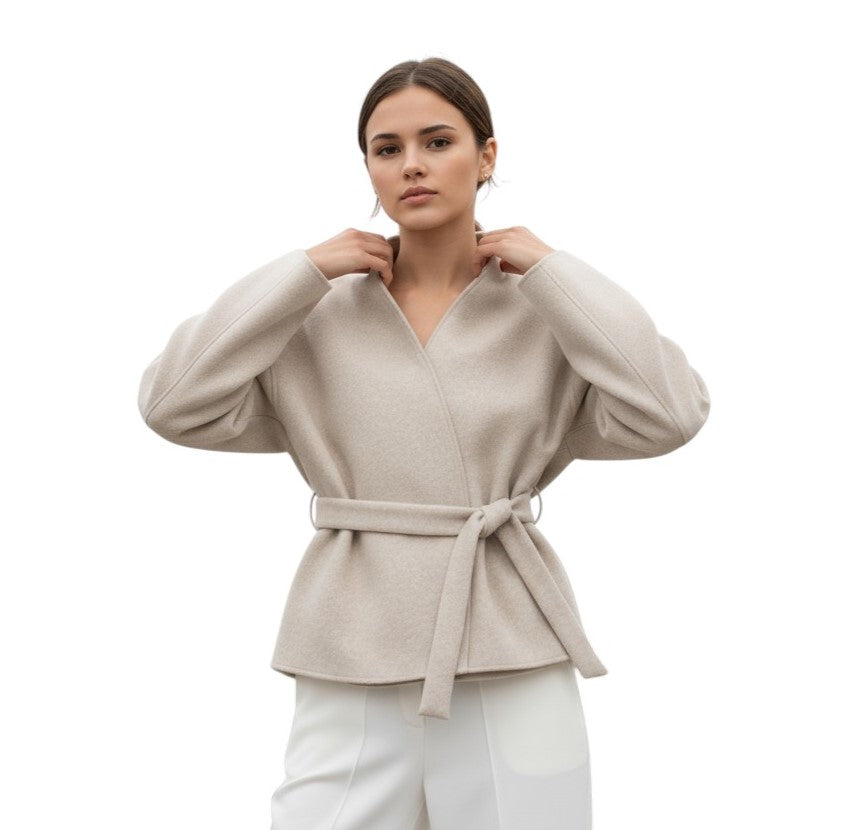 Collarless wrap jacket in a felted cloth with wide sleeves and a tie belt