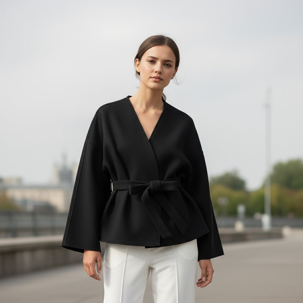 Collarless wrap jacket in a felted cloth with wide sleeves and a tie belt