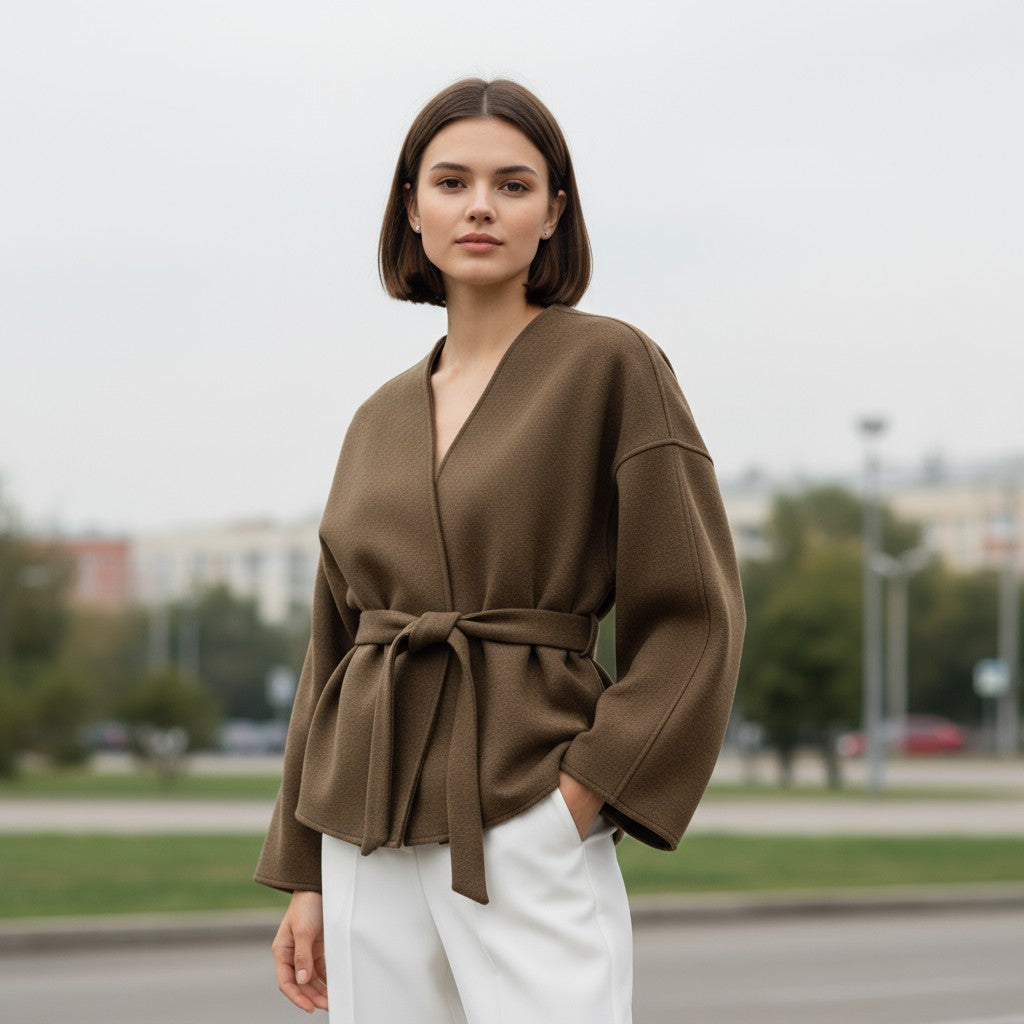 Collarless wrap jacket in a felted cloth with wide sleeves and a tie belt