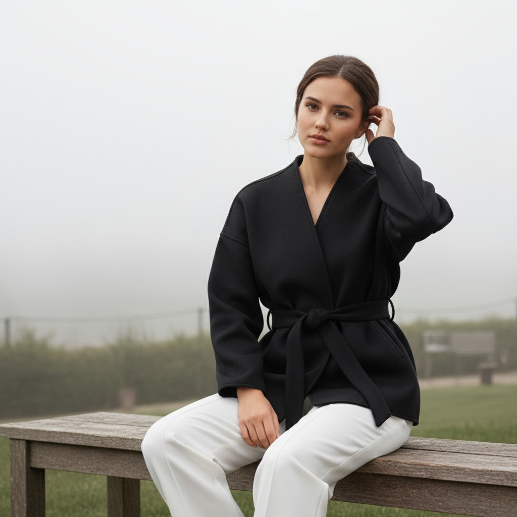 Collarless wrap jacket in a felted cloth with wide sleeves and a tie belt