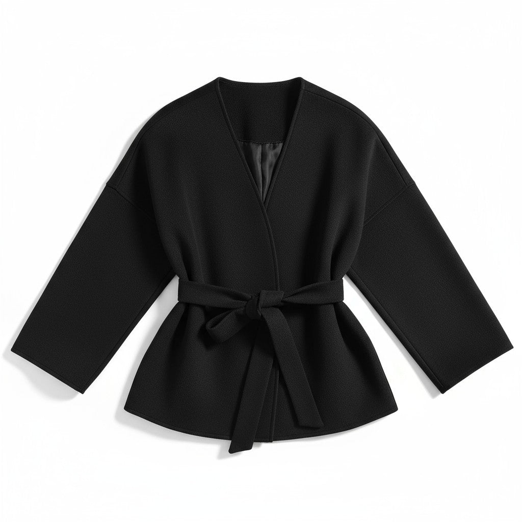 Collarless wrap jacket in a felted cloth with wide sleeves and a tie belt