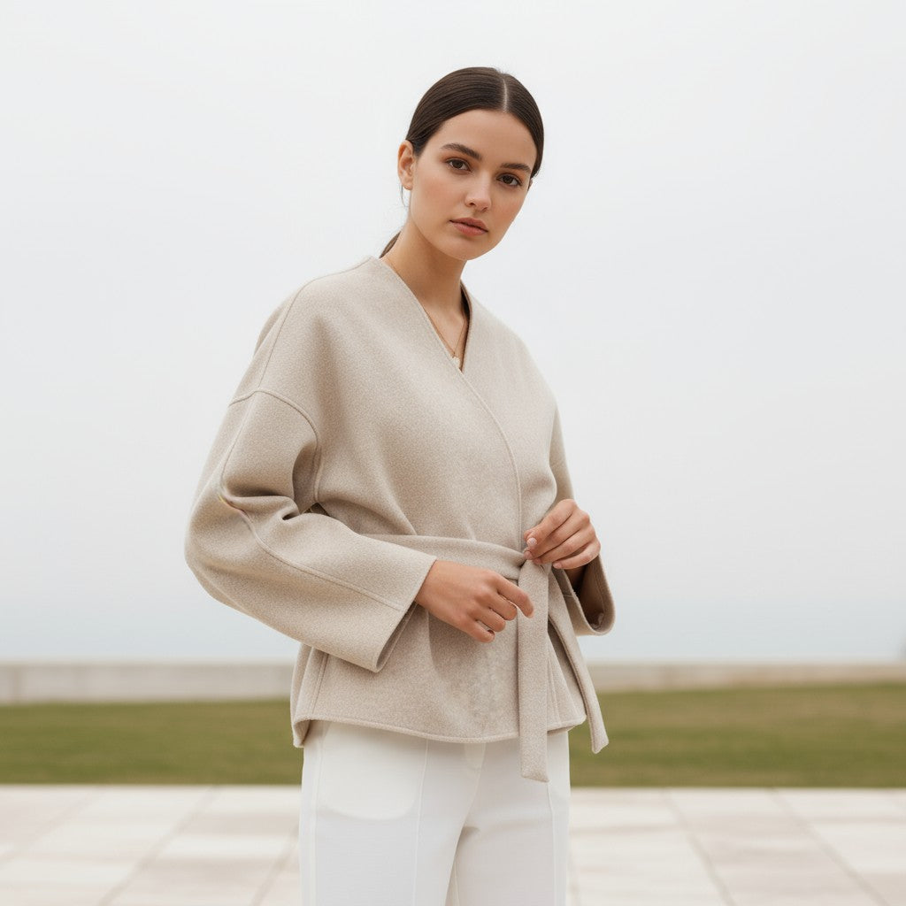 Collarless wrap jacket in a felted cloth with wide sleeves and a tie belt