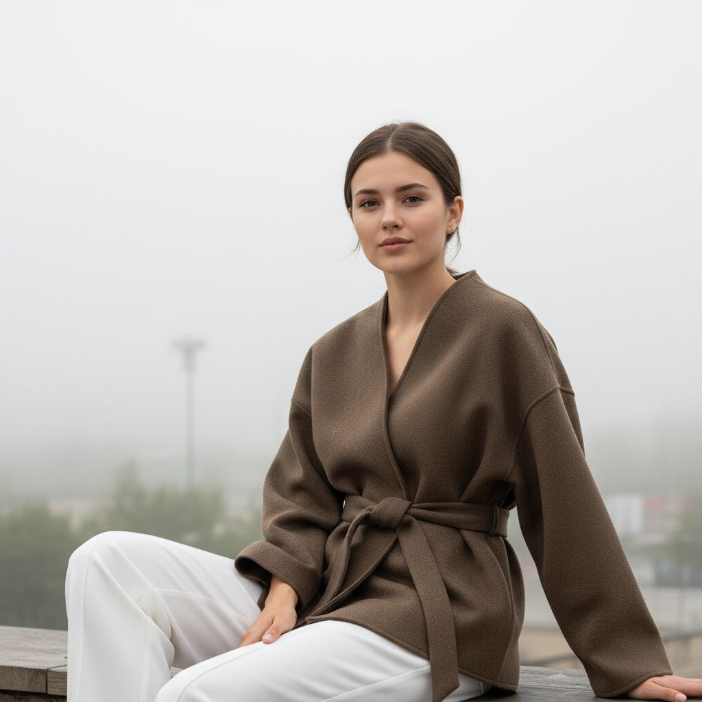 Collarless wrap jacket in a felted cloth with wide sleeves and a tie belt