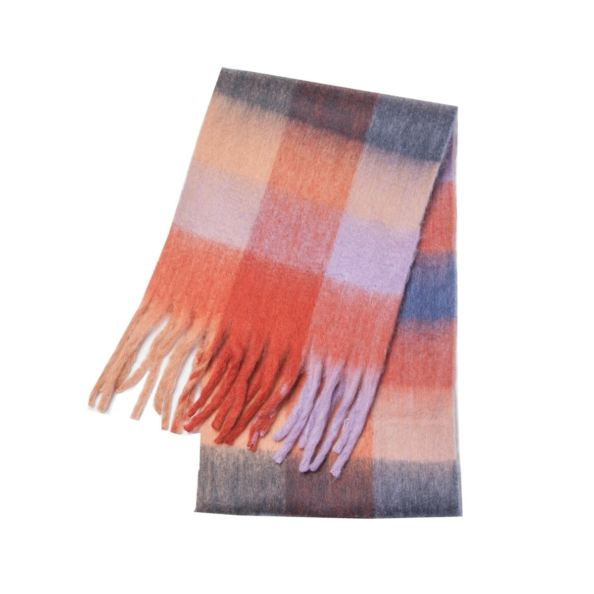 Women's thick multicolour check scarf with chunky fringe - terracotta/lilac