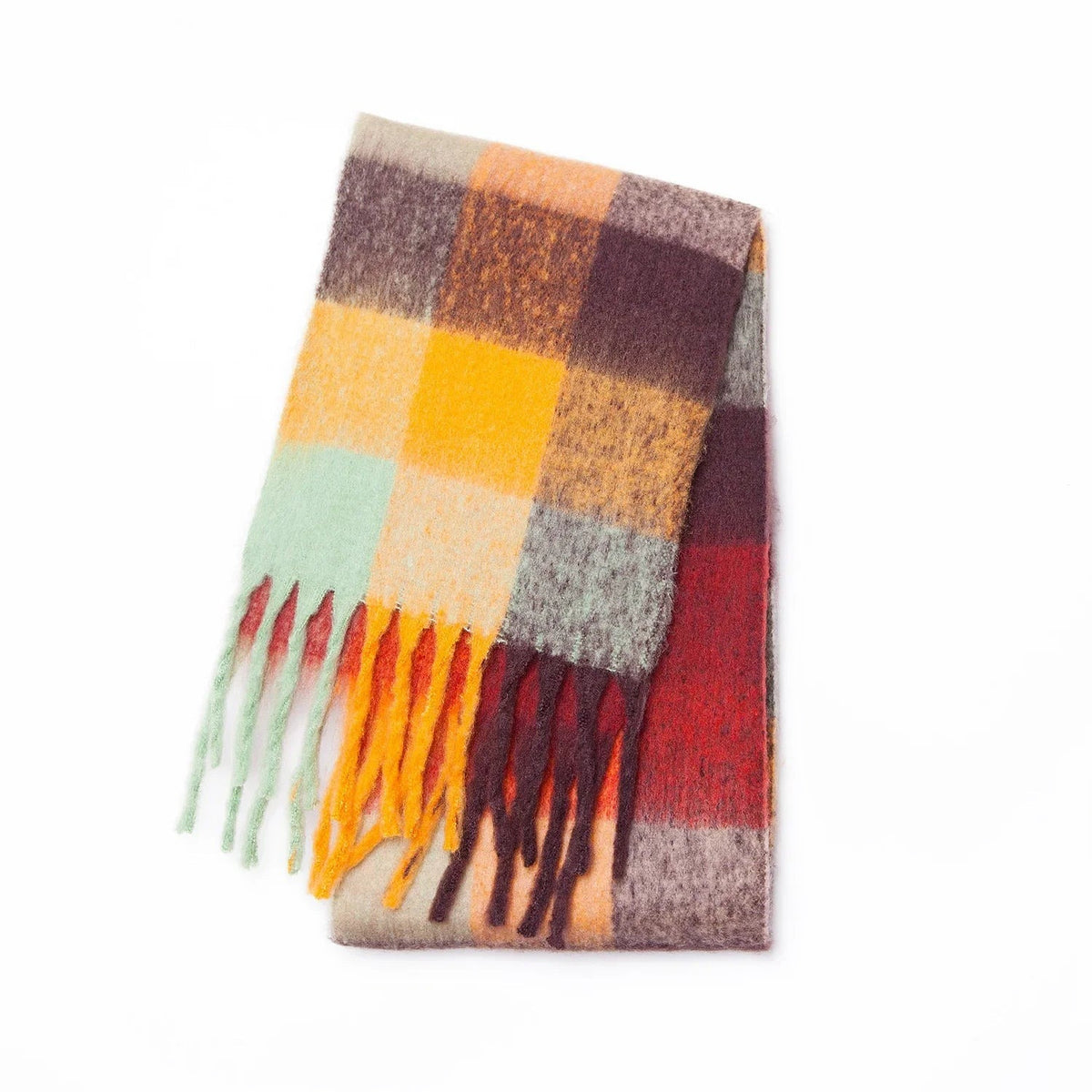 Women's thick multicolour check scarf with chunky fringe - orange/burgundy