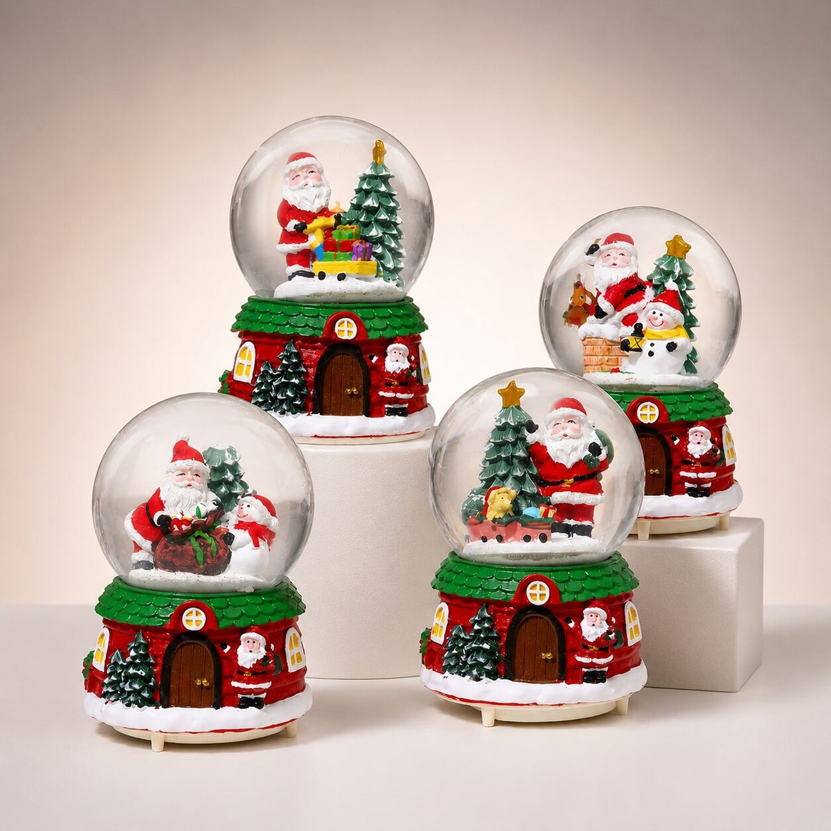 Musical glass snow globe with Santa on a Christmas house base