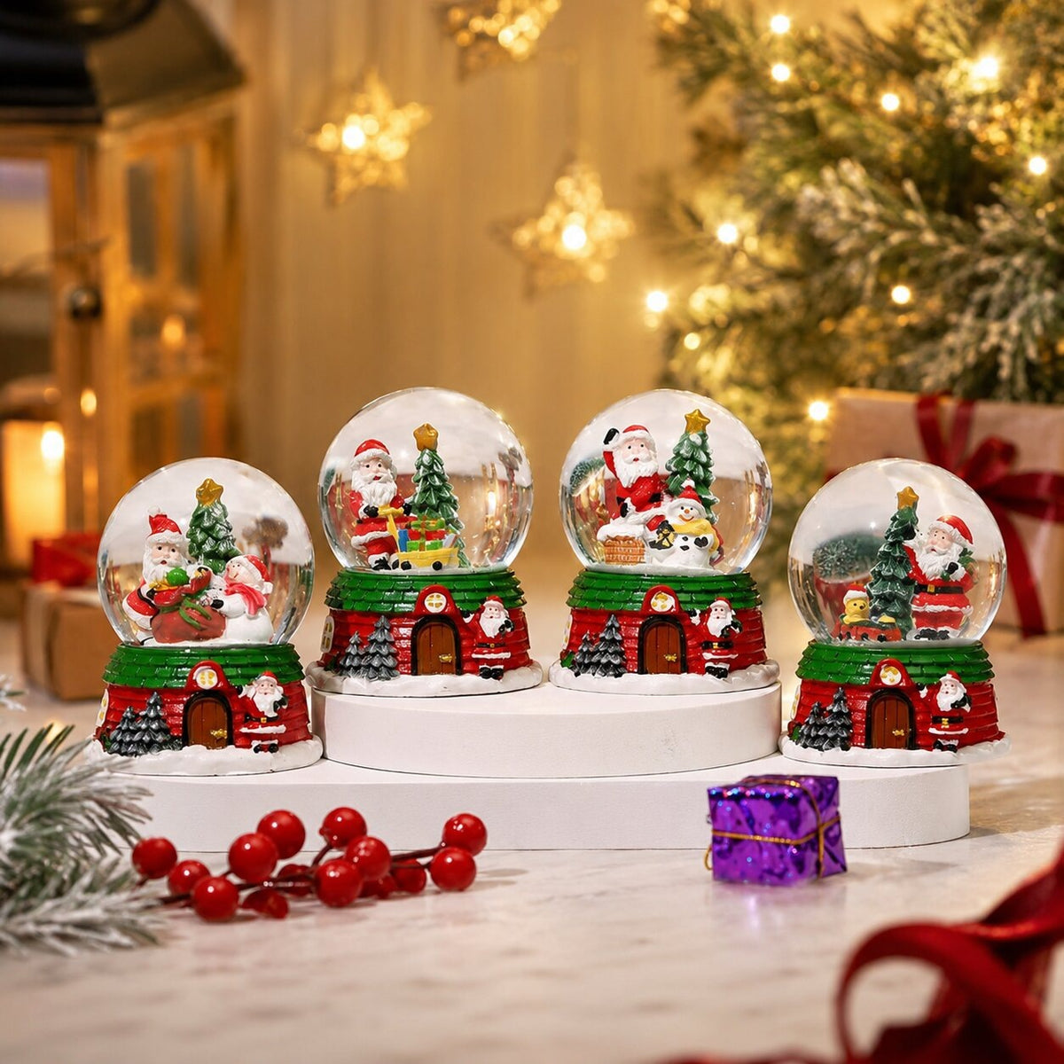 Musical glass snow globe with Santa on a Christmas house base - view 4