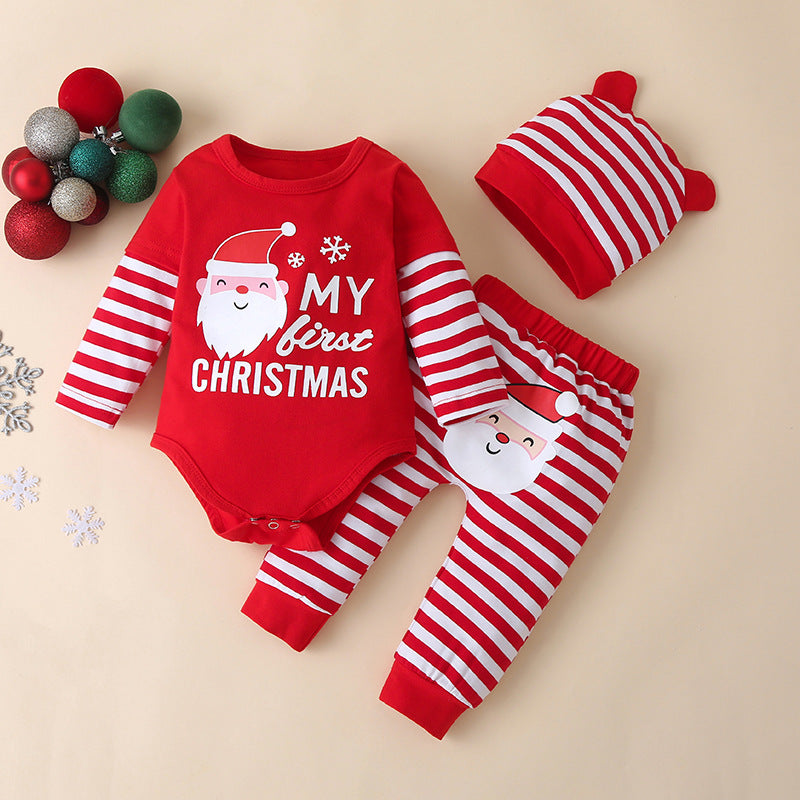 Baby outfit with red My first Christmas bodysuit, striped trousers and hat