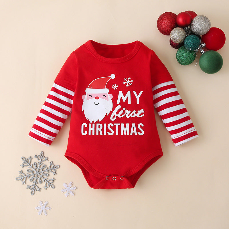 Baby outfit with red My first Christmas bodysuit, striped trousers and hat