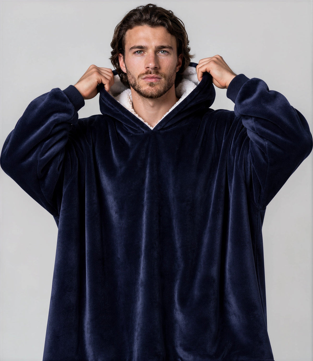 Oversized navy blue blanket hoodie with a sherpa-lined hood