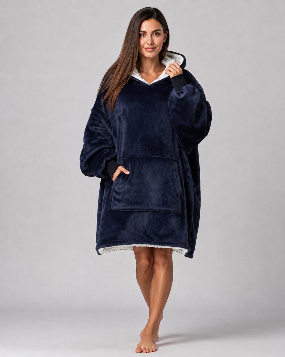 Oversized navy blue blanket hoodie with a sherpa-lined hood