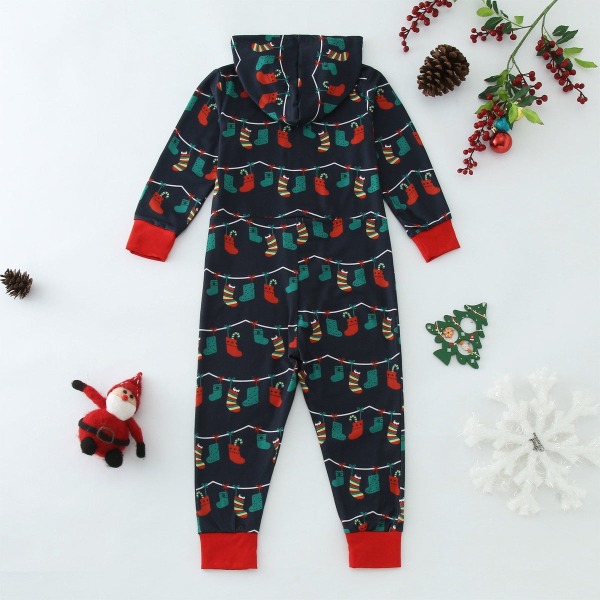Navy family Christmas onesie with a zip front and a hood