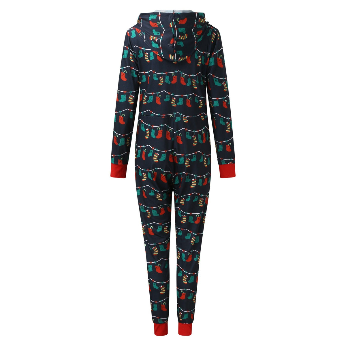 Navy family Christmas onesie with a zip front and a hood