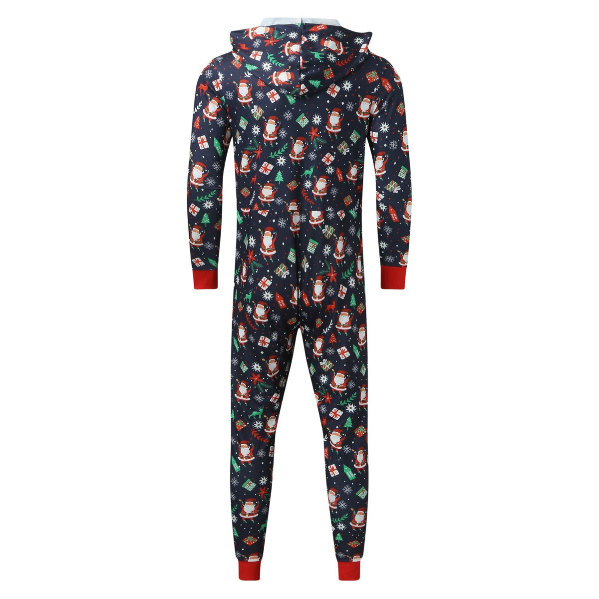 Navy family Christmas onesie with a zip front and a hood