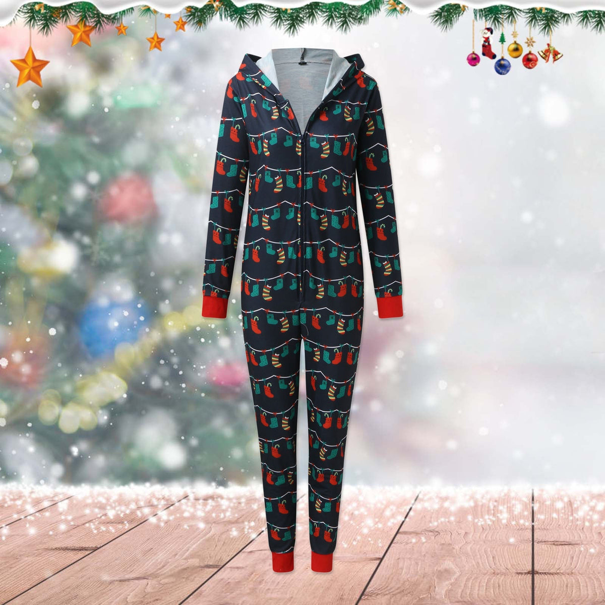 Navy family Christmas onesie with a zip front and a hood
