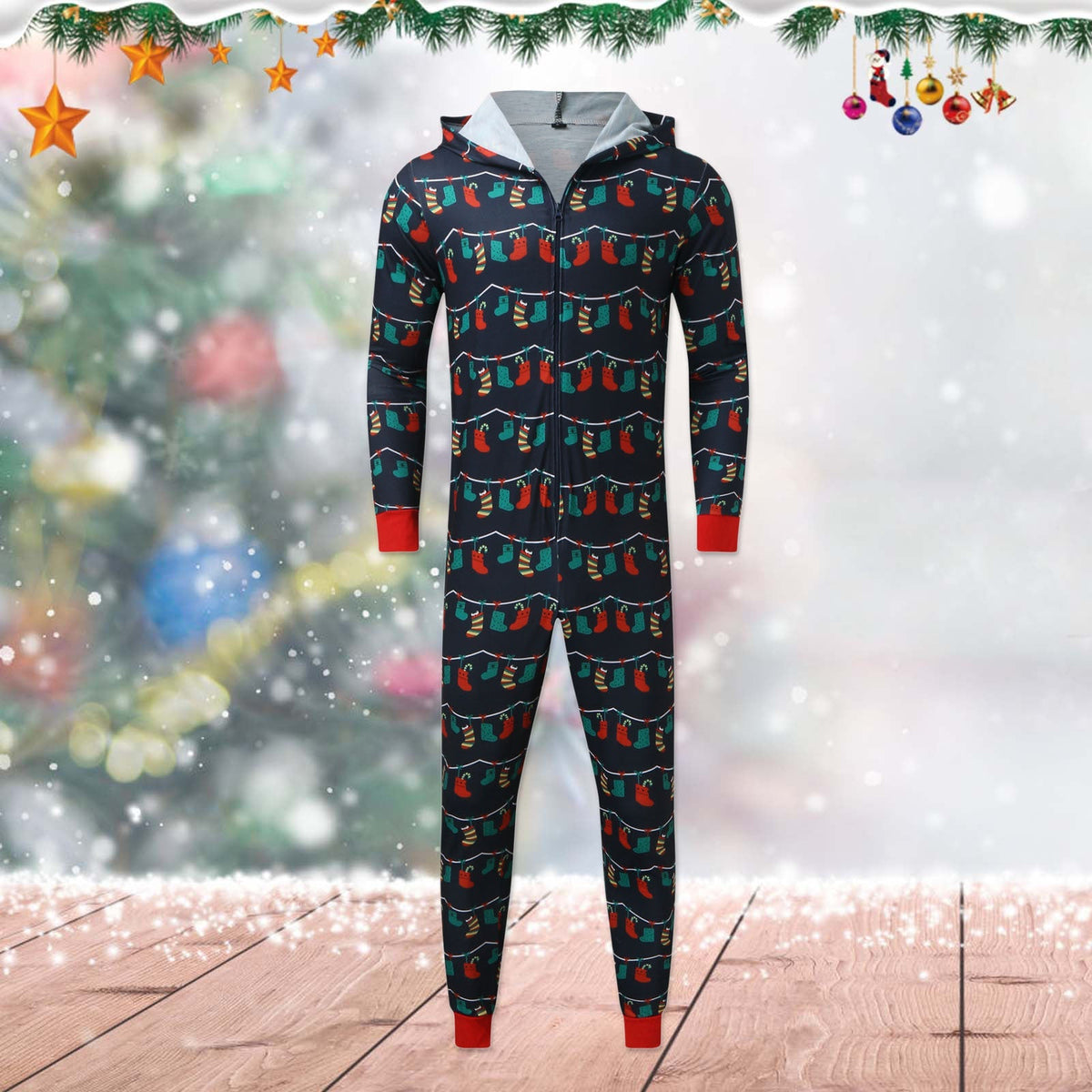 Navy family Christmas onesie with a zip front and a hood