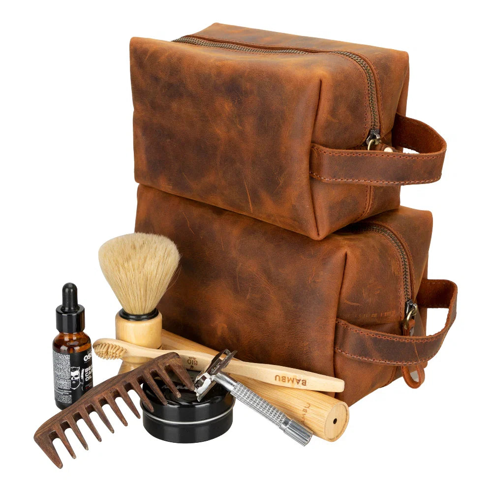 Leather Wash Bag in Dark Orange