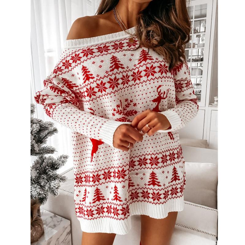 Women's off-shoulder longline Christmas jumper in a Fair Isle pattern