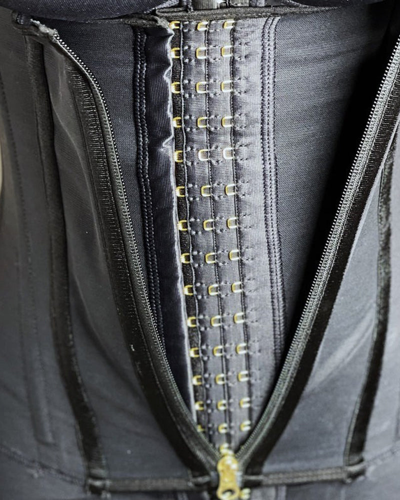 Open-bust corset vest with wide shoulder straps and zip front