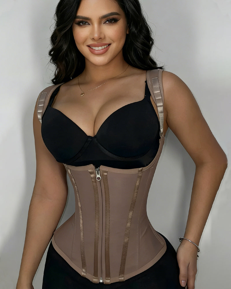 Open-bust corset vest with wide shoulder straps and zip front