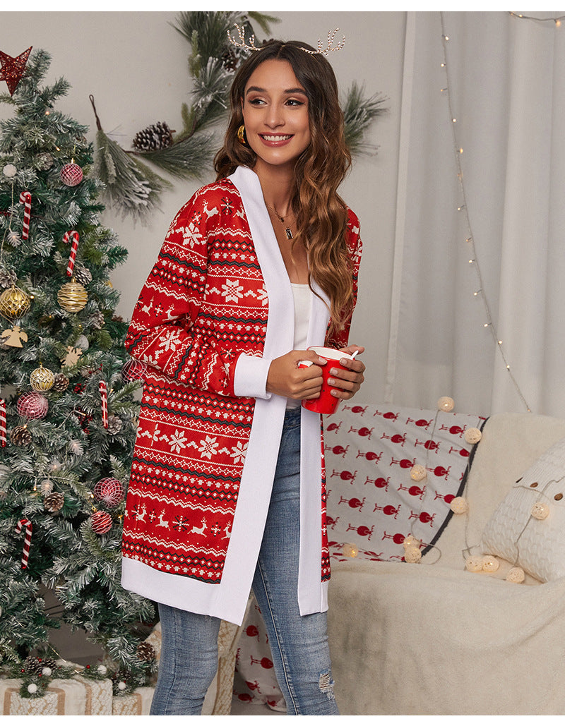 Women's longline open Christmas cardigan with reindeer and a white trim