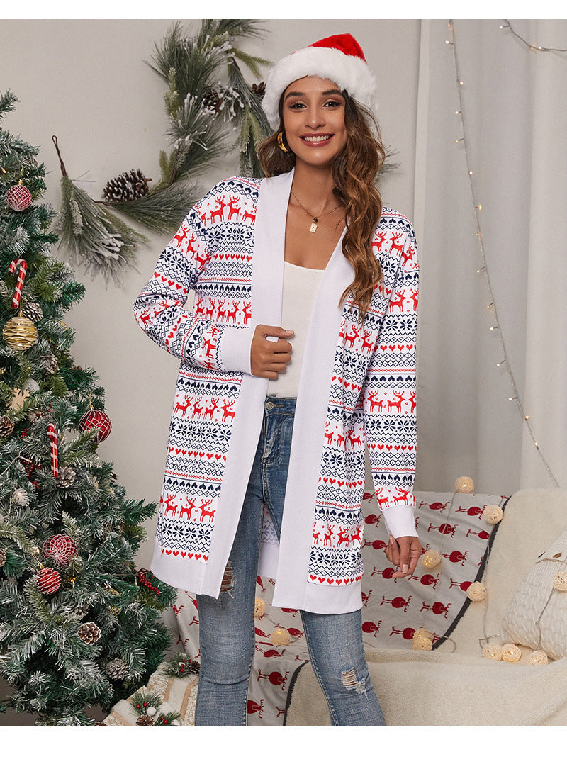 Women's longline open Christmas cardigan with reindeer and a white trim