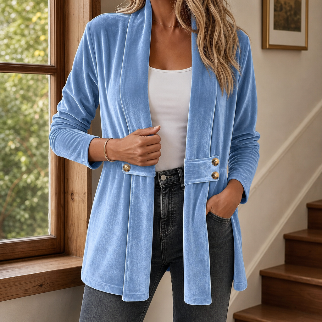 Women's open front velvet cardigan with a shawl collar and button tabs at the waist