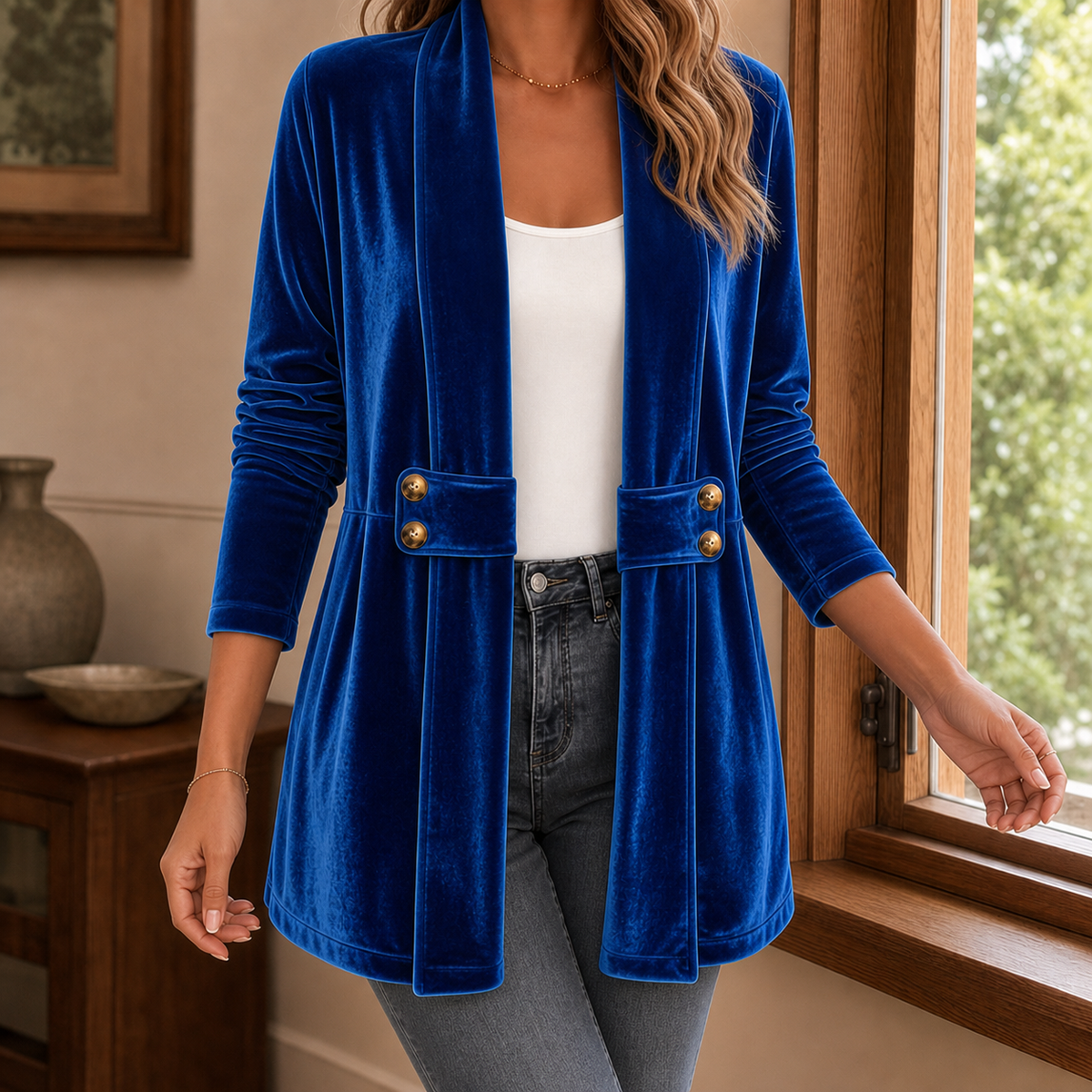 Women's open front velvet cardigan with a shawl collar and button tabs at the waist - cobalt blue