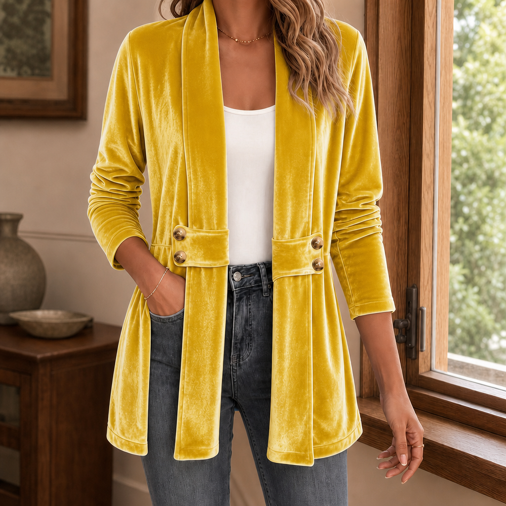 Women's open front velvet cardigan with a shawl collar and button tabs at the waist - mustard yellow