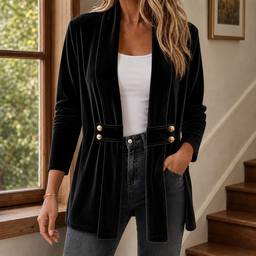 Women's open front velvet cardigan with a shawl collar and button tabs at the waist