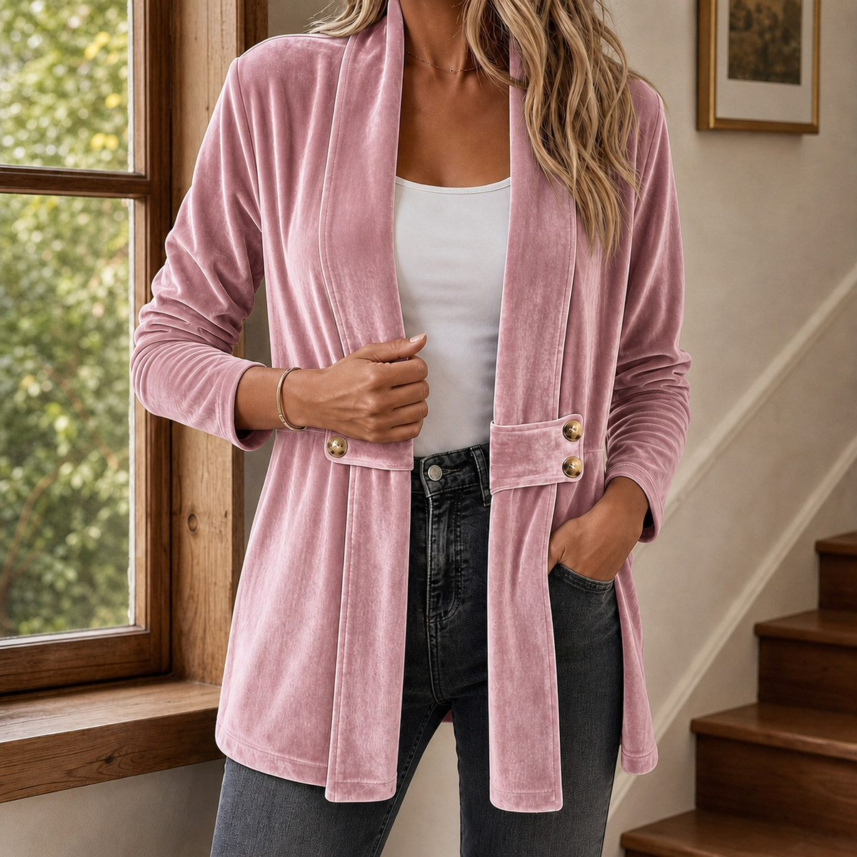 Women's open front velvet cardigan with a shawl collar and button tabs at the waist