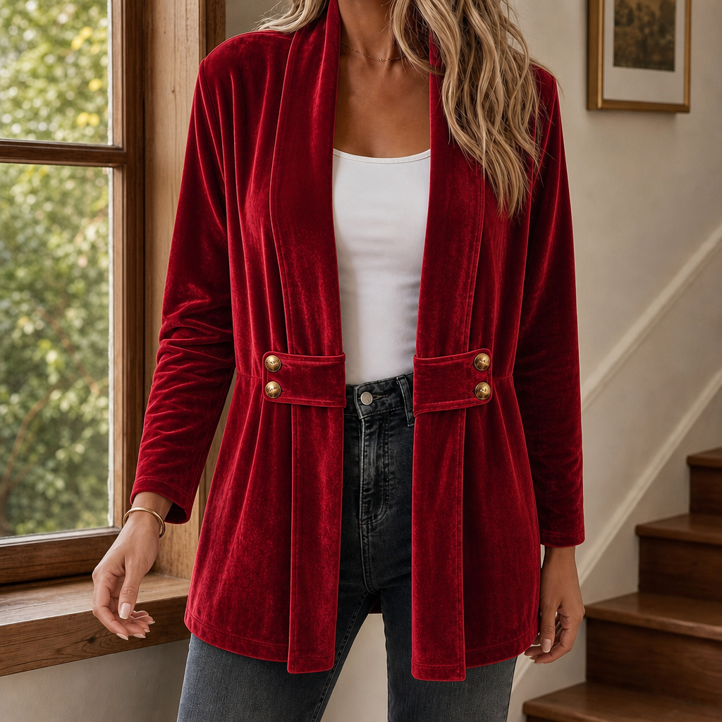 Women's open front velvet cardigan with a shawl collar and button tabs at the waist