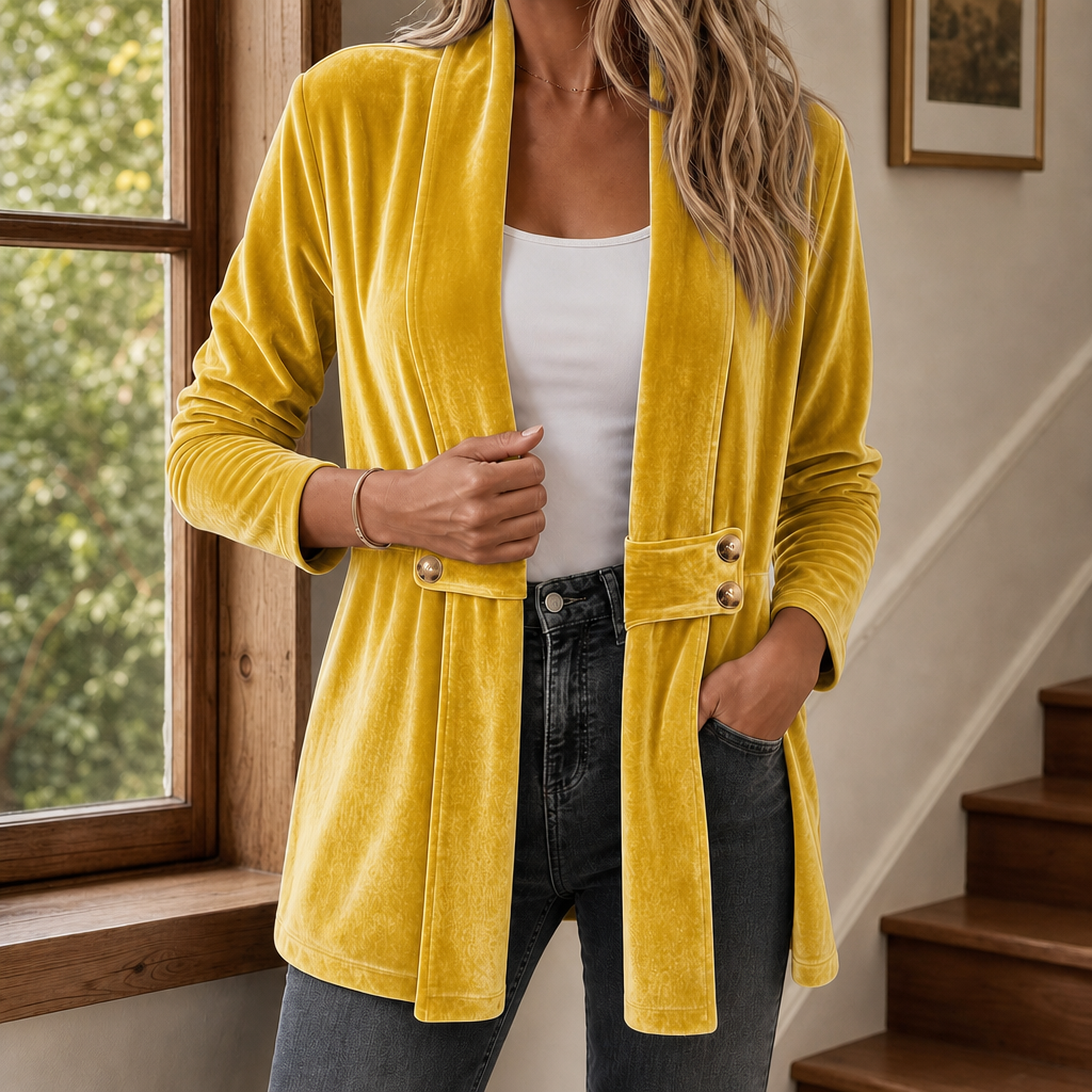 Women's open front velvet cardigan with a shawl collar and button tabs at the waist