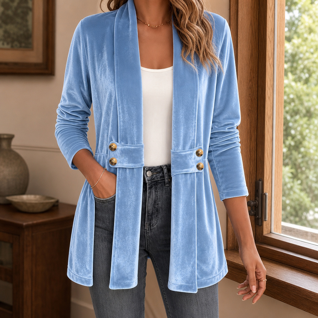 Women's open front velvet cardigan with a shawl collar and button tabs at the waist - light blue