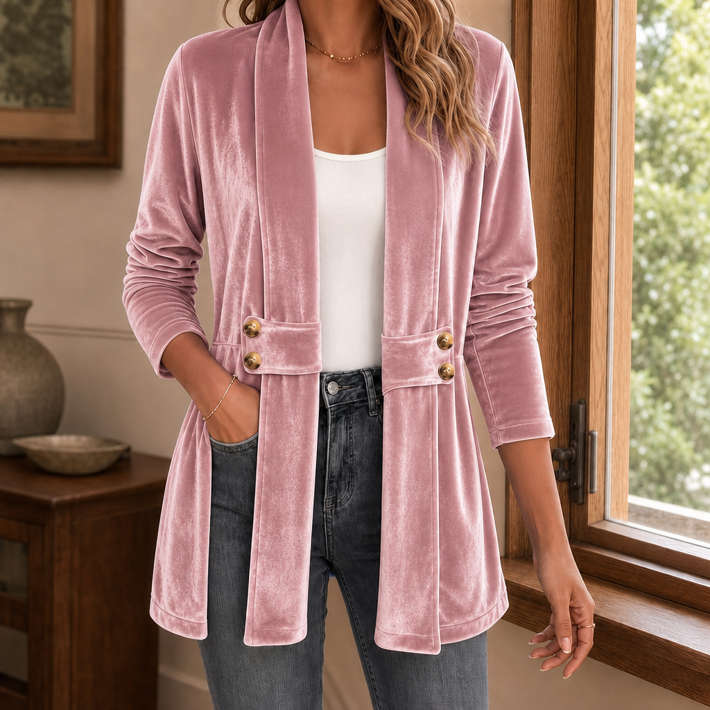Women's open front velvet cardigan with a shawl collar and button tabs at the waist - dusty pink