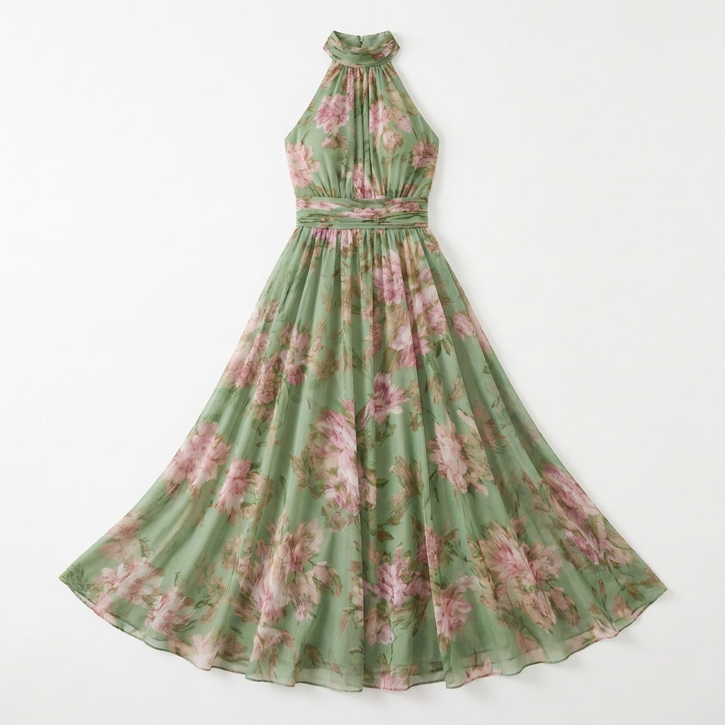 Women's sage floral halter maxi dress - detail