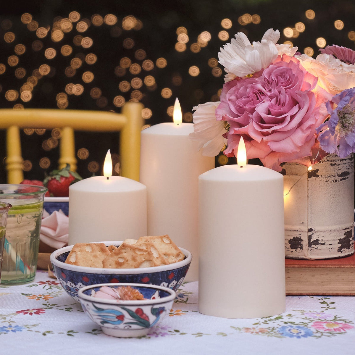 Three ivory outdoor LED candles with a flickering flame and timer - view 6